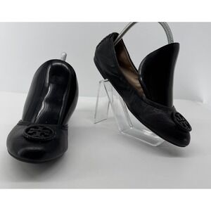 Tory Burch Reva Ballet Flats Black Leather Logo Medallion Women's 7.5 Classic